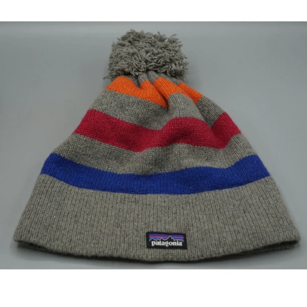 Patagonia Vintage Town Beanie Grey Striped Wool Blend Pom Pom Hat